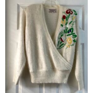 Vintage Troa Cho‎ Embroidered Floral Sequin Cardigan Sweater Cream Size Small US